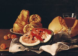 Lasillinen viiniä, vesimeloni ja leipä